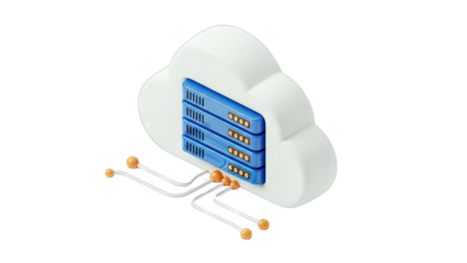 White Cloud Icon Symbolizing Digital Data Storage and Network Connection with Blue Server Racks Isolated on a Clean White Background