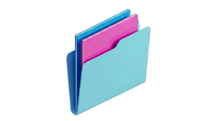 3D Icon Of Light Blue Folder With Pink And Blue Documents Inside On Transparent Background Clean And Simple Digital Art
