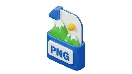 3D Icon Representation of a PNG File Format Containing a Landscape Illustration of Snowy Mountains and Sun Against a Transparent Background