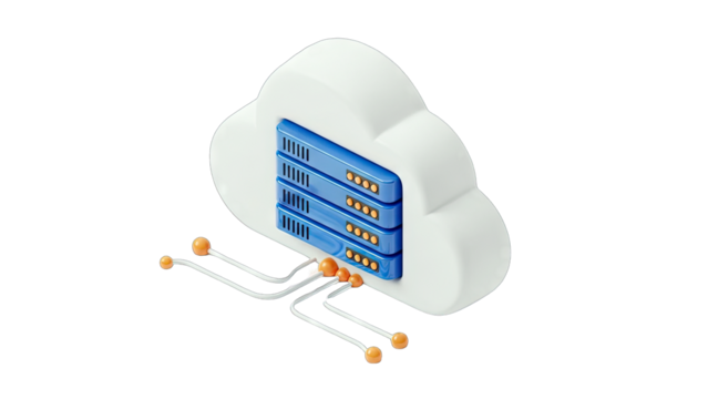 White Cloud Icon Symbolizing Digital Data Storage and Network Connection with Blue Server Racks Isolated on a Clean White Background