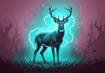 Fototapeta premium Majestic stag with luminous aura standing proudly in a surreal landscape