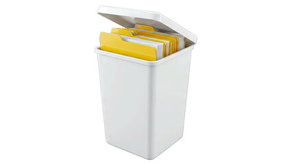 White Trash Can Filled With Yellow Files Open Lid Isolated On Transparent Background With Studio Lighting