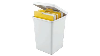 White Trash Can Filled With Yellow Files Open Lid Isolated On Transparent Background With Studio Lighting