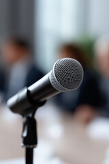 Fototapeta premium close-up of a microphone on a stand with a blurred background