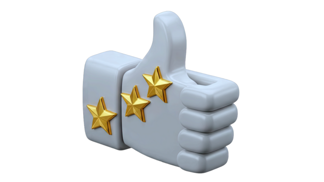 White Thumbs Up Symbol With Three Golden Stars Rating And Transparent Background