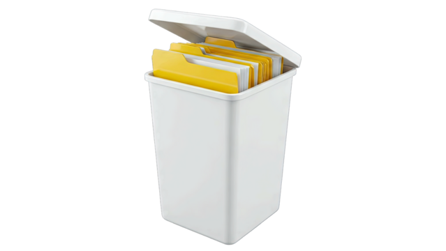 White Trash Can Filled With Yellow Files Open Lid Isolated On Transparent Background With Studio Lighting