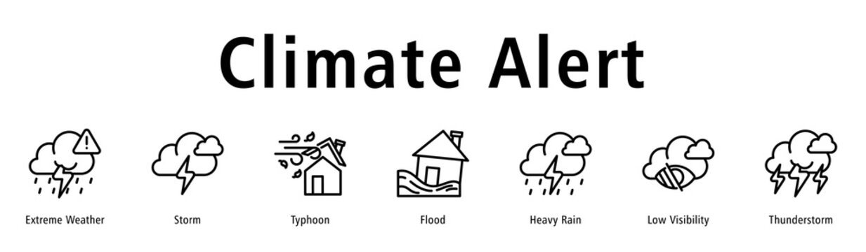 Climate Alert web banner icon vector illustration with icons of Extreme Weather, Storm, Typhoon, Flood, Heavy Rain, Low Visibility, and Thunderstorm.