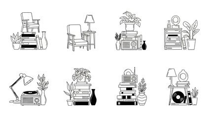 Set of Home Interior Decor Furniture Books Plants Vase and Lamp Isolated on White Background Hand Drawn Sketch Style Vector Illustration