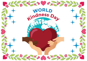 World Kindness Day illustration showcasing hands of diverse people holding a heart against a globe backdrop within a festive frame