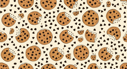 A delightful chocolate chip cookies pattern on a light beige background for sweet dessert graphics and bakery branding design
