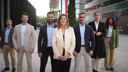 A determined group of professionals standing confidently together, representing collaboration and teamwork in a corporate setting, showcasing unity and shared purpose among diverse individuals. - Powered by Adobe