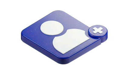 3D Icon Representing User Deletion or Removal With a Blue Square and White Person Silhouette and a Cross Symbol on the Right Side Isolated on a Transparent Background.