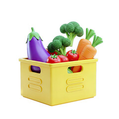 Yellow Crate Filled With Fresh Broccoli Carrots Tomatoes And Eggplant Isolated On Black Background Healthy Eating And Organic Food Concept
