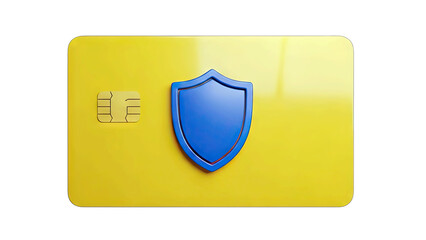 Yellow Credit Card with Blue Shield Symbol for Security and Protection Isolated on Transparent Background Detailed 3D Render