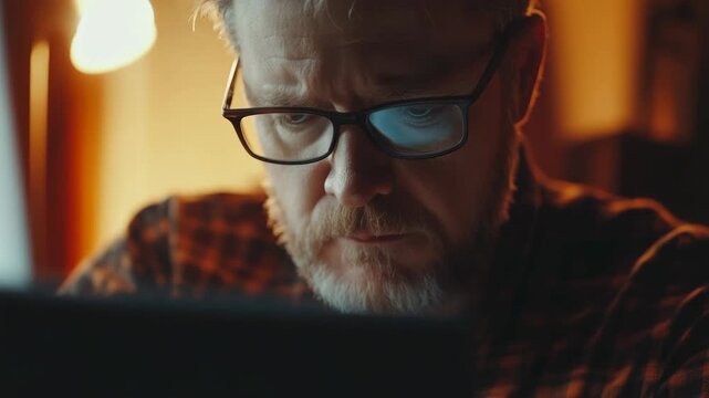 A man with glasses is deeply focused on a computer screen, indicating a high level of expertise in technology or data analysis.