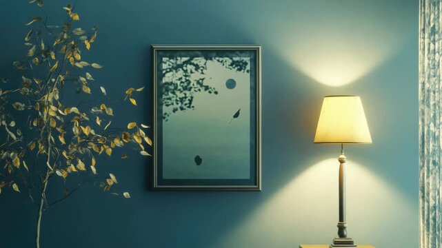 Peaceful indoor room with night-light on and framed art of tree reflection.