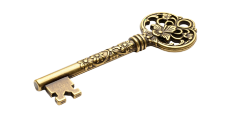 Vintage decorative brass key on transparent background  