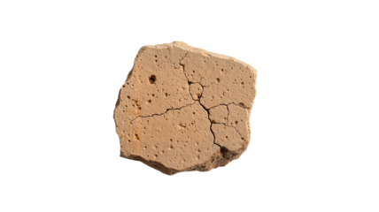 Natural clay block with cracks on transparent background  
