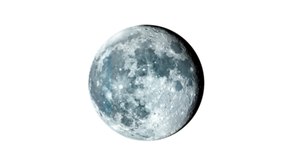Full moon against a transparent background with detailed surface texture  