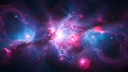Obraz premium Vibrant cosmic nebula in deep space with bright pink and blue glowing gas clouds and numerous distant star field