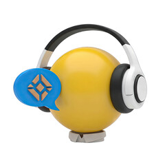 Yellow Emoji Character Wearing Headphones and Listening to a Blue Speech Bubble with an Abstract Icon Representing Communication and Customer Service with a Transparent Background
