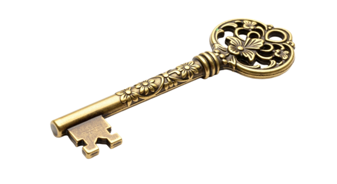Vintage decorative brass key on transparent background   - Powered by Adobe
