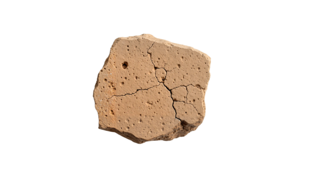 Natural clay block with cracks on transparent background  