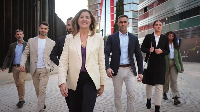 A group of confident businesspeople walking together with determination, showcasing leadership and partnership in a professional atmosphere filled with energy and engagement in downtown.