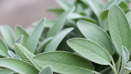 Close-up shot of fresh, green sage leaves with a soft, velvety texture, showcasing their intricate veins and natural beauty.