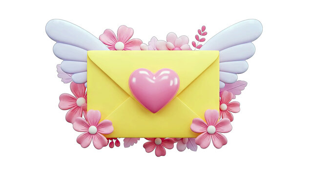 Yellow Envelope with Pink Heart and Delicate Flower Wings Floating on a Transparent Background