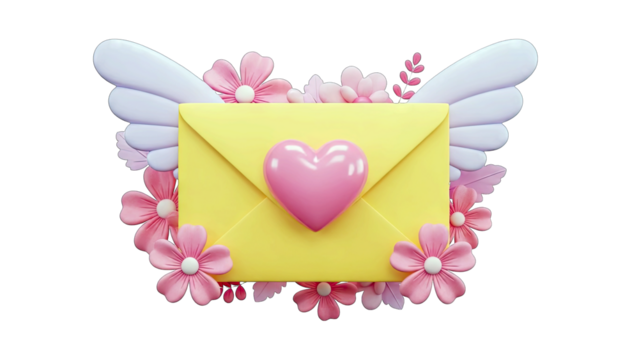 Yellow Envelope with Pink Heart and Delicate Flower Wings Floating on a Transparent Background