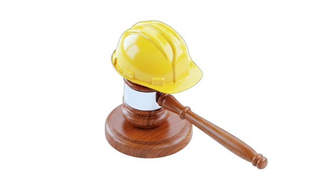 Yellow Hard Hat Placed on a Wooden Gavel Symbolizing Construction Law and Justice on a Transparent Background