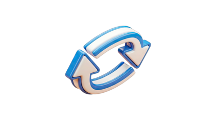 3D Rendered Blue and White Arrows in Circular Motion on a Transparent Background with Subtle Lighting and Pixelated Texture Representing Rotation and Cycles