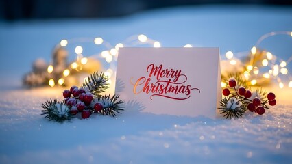 Merry Christmas holiday greeting card with festive glowing lights and winter snow decoration