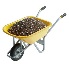 Yellow Metal Wheelbarrow Filled With Dark Soil And Gravel Material Isolated On A White Background With A Single Black Tire And Silver Frame And Black Handles Ready For Gardening Or Construction Use