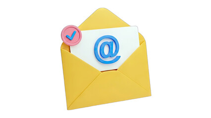 Yellow Open Envelope with White Paper Inside Showing Blue AT Symbol and Pink Check Mark Notification on Transparent Background Realistic 3D Render