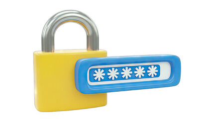 Yellow Padlock with Blue Password Field Showing Asterisks Representing Security and Online Protection on a Transparent Background