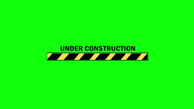 Animated sign under construction with yellow and black diagonal lines. Hazard warning tape on a green screen. Transparent background with alpha channel.