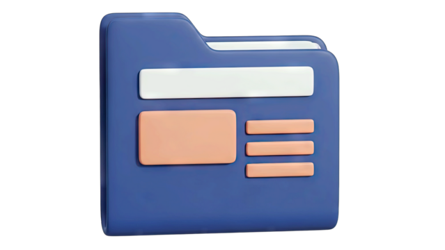 3D Rendered Blue Folder with Information Panels and Abstract Content on a Clean White Background Offering Data Organization and Digital Filing Solutions