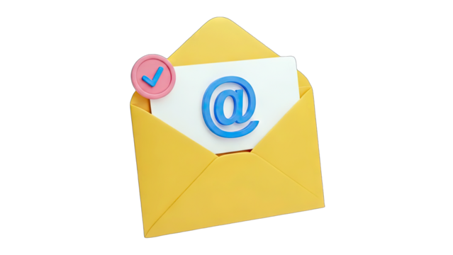 Yellow Open Envelope with White Paper Inside Showing Blue AT Symbol and Pink Check Mark Notification on Transparent Background Realistic 3D Render