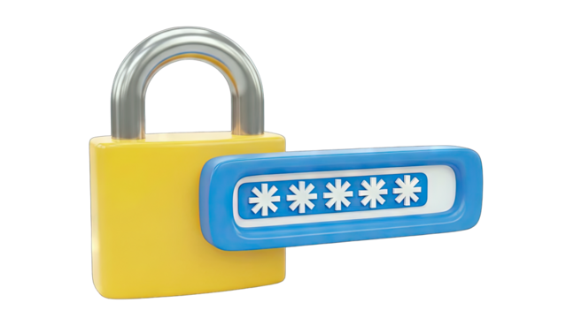 Yellow Padlock with Blue Password Field Showing Asterisks Representing Security and Online Protection on a Transparent Background