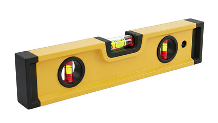 Yellow Spirit Level Tool with Red and Yellow Bubbles on Transparent Background for Measuring Straightness and Leveling Surfaces in Construction and DIY Projects