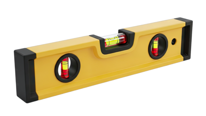 Yellow Spirit Level Tool with Red and Yellow Bubbles on Transparent Background for Measuring Straightness and Leveling Surfaces in Construction and DIY Projects