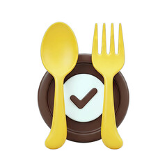 Yellow Spoon and Fork With Checkmark Icon on Brown Plate and White Background Isolated Transparent