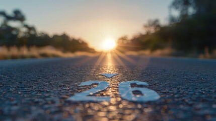 Road at sunset with number 26 on pavement outdoors