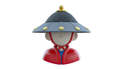 3D Rendered Cartoon Character with Traditional Asian Hat Red Blue Outfit on Transparent Background High Quality Studio Shot