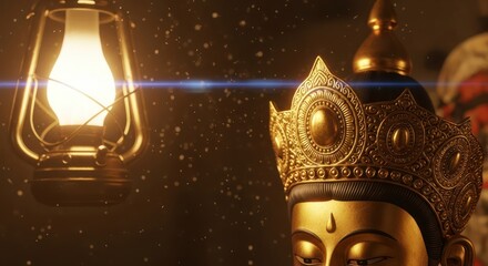 Illuminated buddha statue and vintage lantern shining softly in the dark background creating a