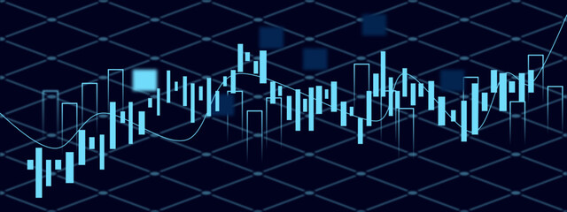 stock market graph, Stock market chart with blue candlestick graph and trading data on a dark background, Stock market finance chart with business trading analytics, exchange data, and financial growt