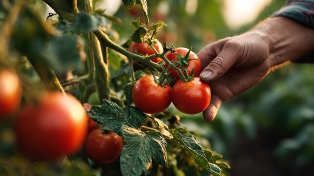 Hand picking ripe red tomatoes from vine in garden organic vegetable farming harvest - Powered by Adobe