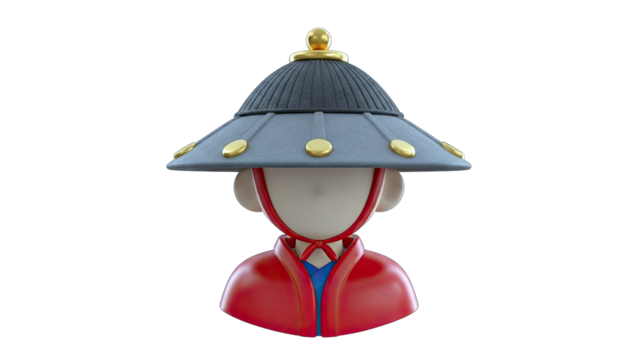 3D Rendered Cartoon Character with Traditional Asian Hat Red Blue Outfit on Transparent Background High Quality Studio Shot